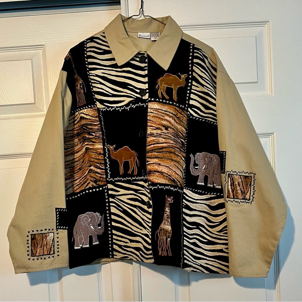 Vintage 1990s Cartwell Women’s Sz L Patchwork Animal Print Tan Denim Jacket